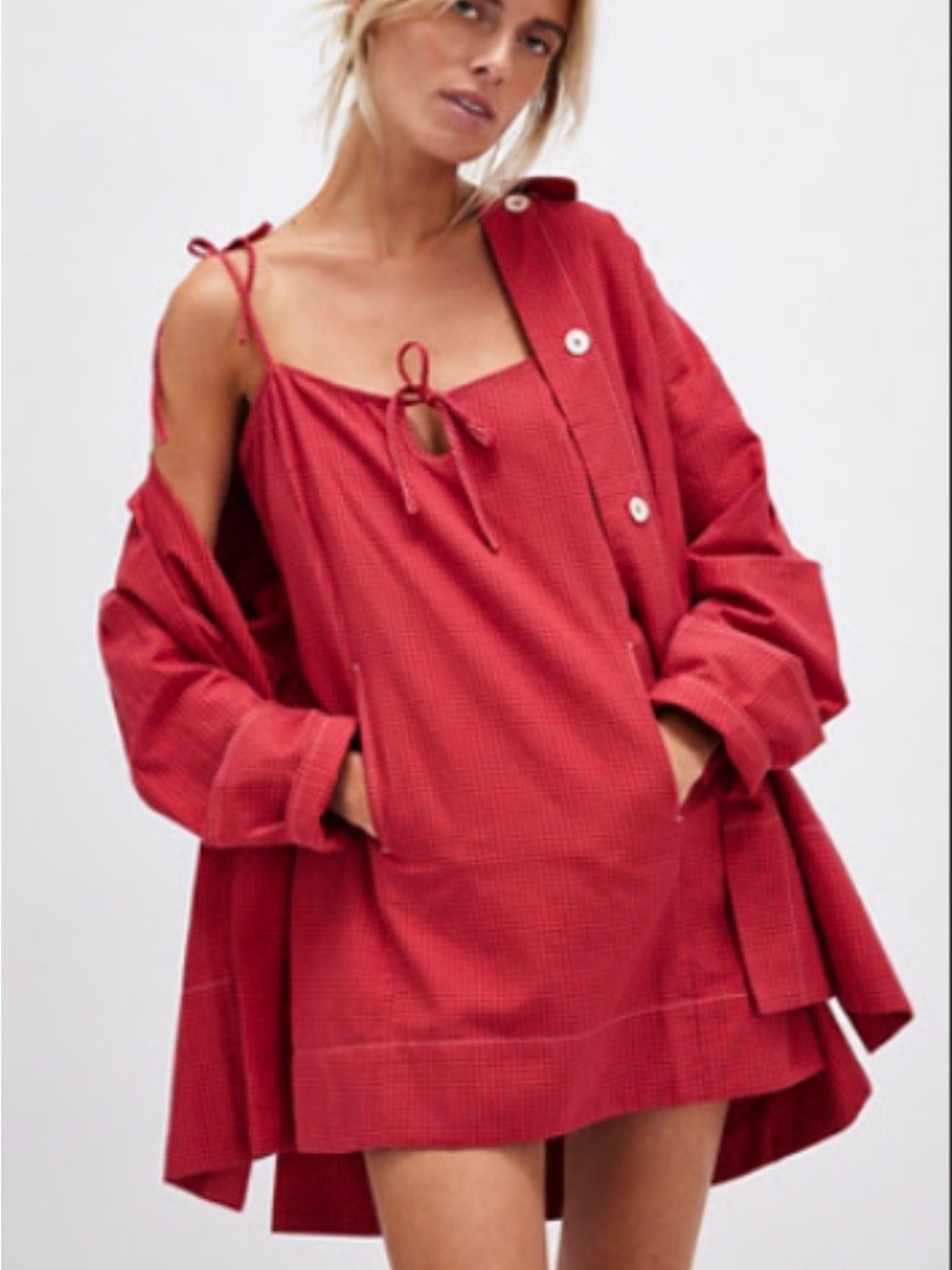 🧶 2/$22 - Free People Red Gingham Tie-Strap Dress